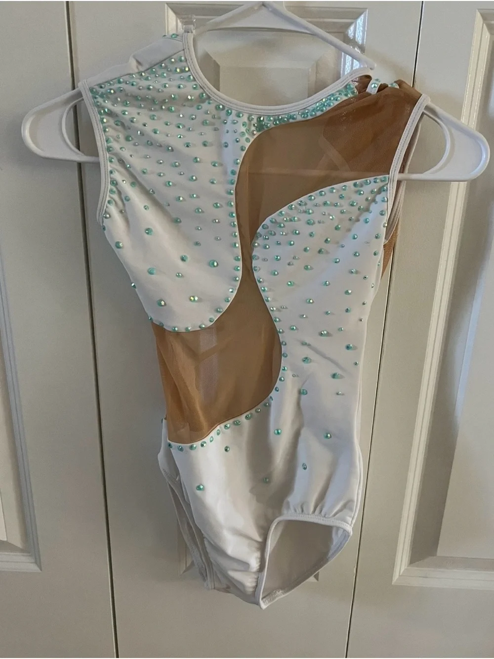 White Girls' Dance Costume with Sheer Pants and Sparkle Bodice